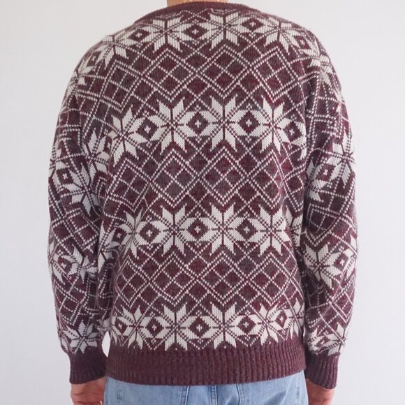 Vintage '90s Impulse Maroon White Snowflake Argyle Knit Crewneck Sweater Large - Picture 2 of 9